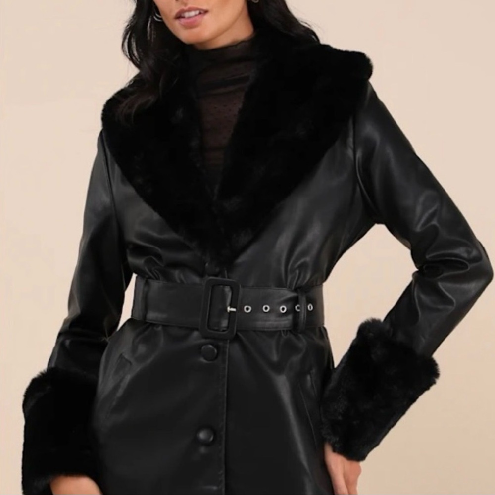 Lioness Black Leather Jacket with Faux Fur Trim